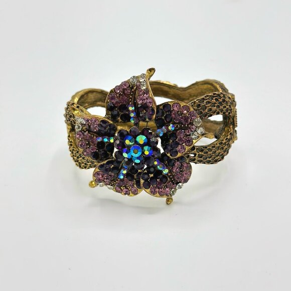 Bejeweled Floral Cuff Bracelet With Purple & Black Rhinestones - Picture 3 of 4